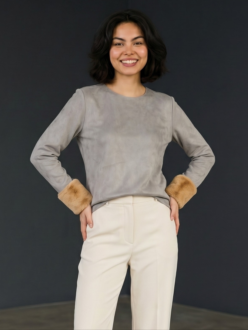 Zara Cuffed Sweater Vegan Suede Gray & Tan Cuffs Cozy Crew Womens Size S